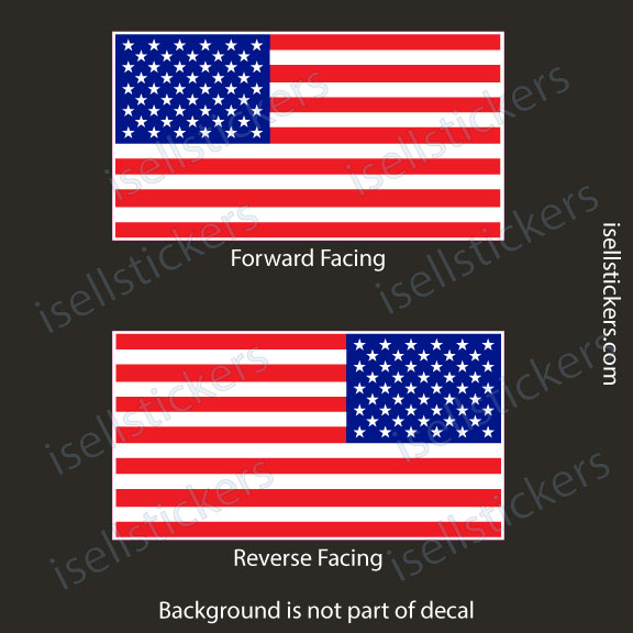 Two US flag decals shown: top is forward-facing with canton on the left and stripes, labeled 'Forward Facing'; bottom is reverse-facing with canton on the right, labeled 'Reverse Facing'; dark background.