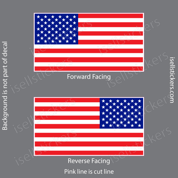 Two US flag decals: forward-facing on top and reverse-facing below, with a pink cut line noted on the image.