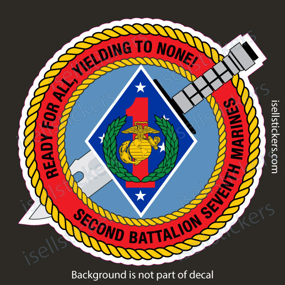 Unit insignia badge for Second Battalion, Seventh Marines: circular patch with rope border, motto 'Ready for all, yielding to none,' and Marine emblem in the center.