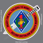 Sticker of the U.S. Marine Corps Second Battalion Seventh Marines insignia: red motto ring 'Ready for all yielding to none!' around a blue diamond with the Marine emblem, bounded by a gold rope.