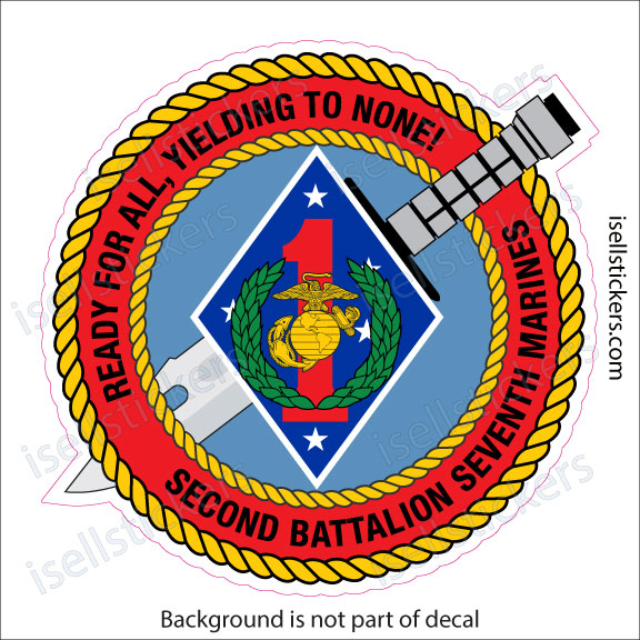 Patch emblem of Second Battalion Seventh Marines featuring a rope border, rifle cross, and the Marine insignia with the motto 'Ready for all, yielding to none.'