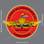 Circular patch for 4th Force Reconnaissance Co, Hawaii/Reno, red center with gold wings and lantern emblem, motto Semper Fidelis.