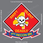 Decorative military emblem: a red diamond badge with a white skull and crossbones, the words SWIFT and SILENT at the top sides and DEADLY at the bottom, and a blue ribbon labeled '4th Recon BN' underneath; gray background with watermark text.