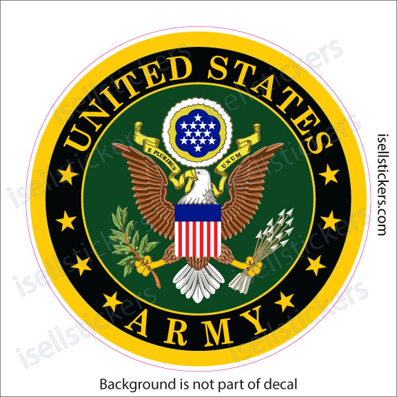 United States Army seal: bald eagle with shield surrounded by a black and gold ring reading 'UNITED STATES ARMY'.