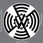 Circular sticker with a black geometric design featuring a central V and gear motif; pink die-cut edge outline on a gray background.