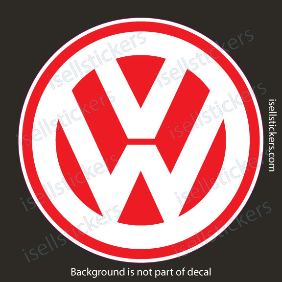 Circular red-and-white Volkswagen logo sticker on a dark background; watermark lines visible across the image.