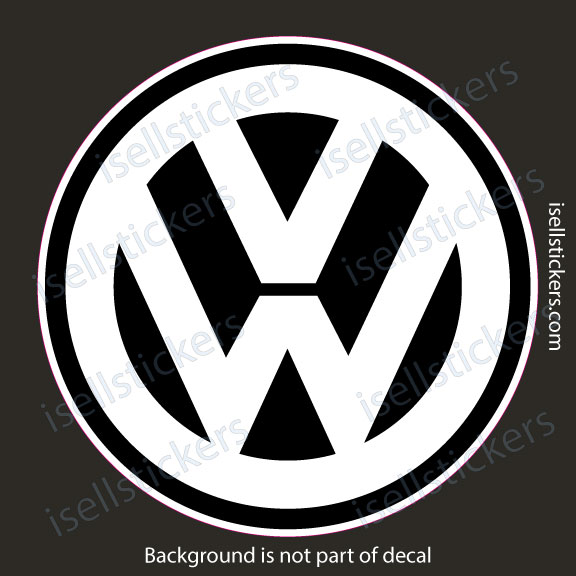 Circular black-and-white Volkswagen logo decal with a thin pink outer ring; watermark text 'isellstickers.com' across the image; background is not part of the decal.