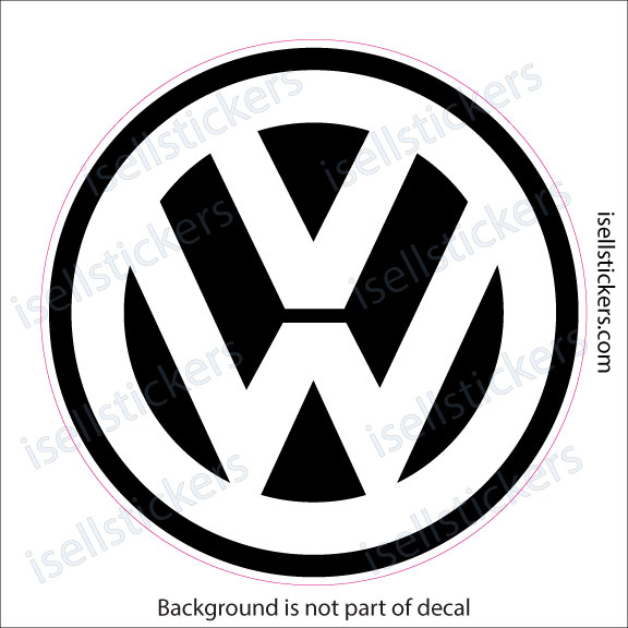 Circular Volkswagen logo (black on white) with faint watermark text around the edge; appears as a decal mockup.