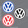 Three Volkswagen logos in blue, black, and red arranged on a gray background.