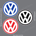 Three Volkswagen logos in blue, black, and red arranged on a gray background.