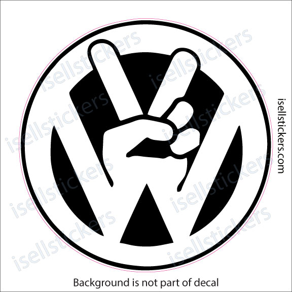 Circular sticker design featuring a hand making a peace sign inside a bold W-shaped emblem.