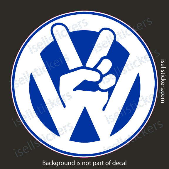 Circular decal: white 'W' with a raised peace-sign hand in front of a blue circle, on a dark background.