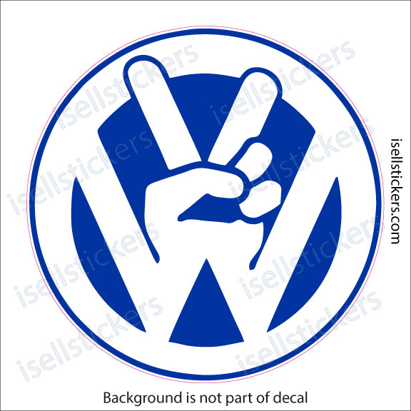 Circular blue decal featuring a hand making a peace/V-sign inside a stylized W shape.