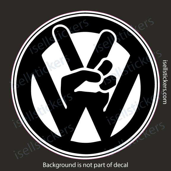 Circular black-and-white sticker logo featuring a hand making a peace/V sign inside a circle.
