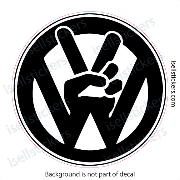 Circular sticker design: black circle with a bold white 'W' and a hand making the rock-on gesture in the center.