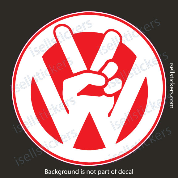 Circular decal with a white 'W' and a hand showing a peace (V) sign in the center on a red background.