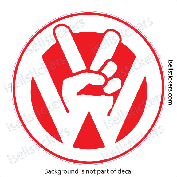 Circular red decal featuring a white hand making a peace sign inside a stylized 'W' shape, with watermark text overlaid in the background.
