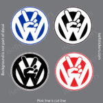 Set of four round stickers showing a hand making a peace sign inside a circular border in blue, white, black, and red color schemes on a gray background.