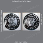 Pair of Indian Motorcycle logos side by side on a gray background, each a black circular emblem with a rider silhouette and 'INDIAN MOTORCYCLE' text (1901). Includes 1 pair (left & right).