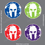 Sheet of four round Spartan helmet stickers in blue, green, red, and purple on a gray background.