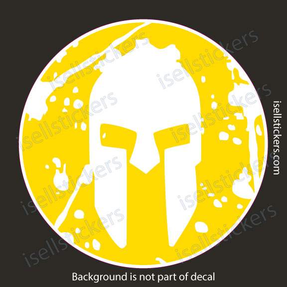 Circular yellow sticker with a white Spartan helmet silhouette on a black background.