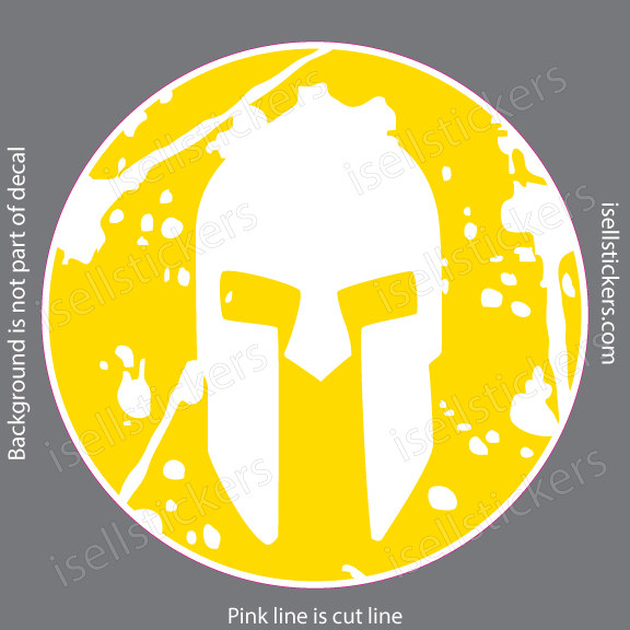 Circular yellow sticker featuring a white Spartan helmet silhouette on a pink-edged rim against a gray background.