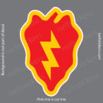 Red heart-shaped sticker with a yellow lightning bolt and white/yellow outline on a gray background; pink line shows the cut line.