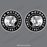 Two circular Indian Motorcycle logos side by side on a gray background, featuring the Native American head and 'INDIAN MOTORCYCLE 1901' text.