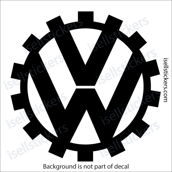 Large black Volkswagen emblem encircled by gear teeth on a white background, a stylized decal image.