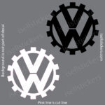 Decorative decal showing a Volkswagen emblem enclosed by a gear, in white on gray with a black version above.