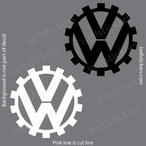 Decorative decal showing a Volkswagen emblem enclosed by a gear, in white on gray with a black version above.