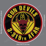 Circular patch with a red horned devil skull inside a yellow border, text 'GUN DEVILS' top and '3-19TH AFAR' bottom around the edge.