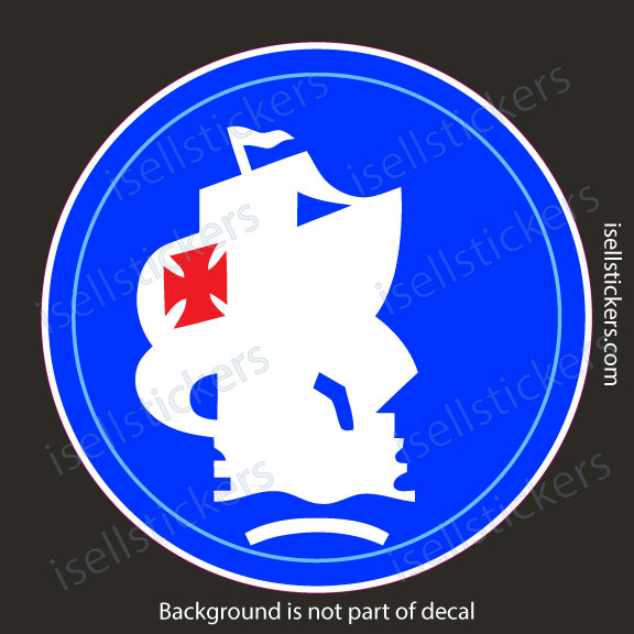 Circular blue decal featuring a white stylized ship silhouette with a red flag; water line at bottom; note: background not part of decal.