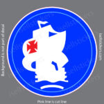 Blue circular decal with a white stylized ship silhouette, pink outline and gray background (watermark text visible around edge).