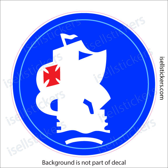 Blue circular sticker with a white sailing-ship silhouette and a red flag, set against a bright blue background.