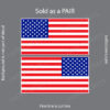 Pair of US flag decals shown on gray background; pink cut line indicates where to cut, watermark text visible (sold as a pair).