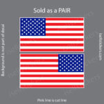 Pair of US flag decals shown on gray background; pink cut line indicates where to cut, watermark text visible (sold as a pair).