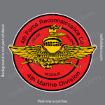 Circular red military insignia badge with gold wings and emblem, text reads '4th Force Reconnaissance Co' and '4th Marine Division' around edge on a gray background