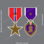 Two medal stickers on a gray background: left, a red ribbon with blue and white stripe and a gold five-point star pendant; right, a purple heart medal with a bronze bust and shield top.