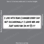 Gray background showing a white rounded sticker with bold black text: 'I LIVE WITH FEAR & DANGER EVERY DAY BUT OCCASIONALLY I LEAVE HER AND JUST HAVE FUN IN MY VW!!!'; a small VW logo is on the line, with a pink cut line and size notes around the edges.