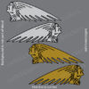 Decorative pattern of four stylized Native American feather headdresses arranged diagonally on a gray background.