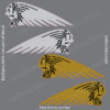 Decorative background with four winged feather motifs in white and gold on a gray backdrop, with watermark text across the image.