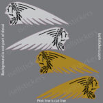Decorative background with four winged feather motifs in white and gold on a gray backdrop, with watermark text across the image.