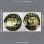 Pair of Indian Motorcycle round decals in black and gold showing a Native American head; left and right pieces on white backing.