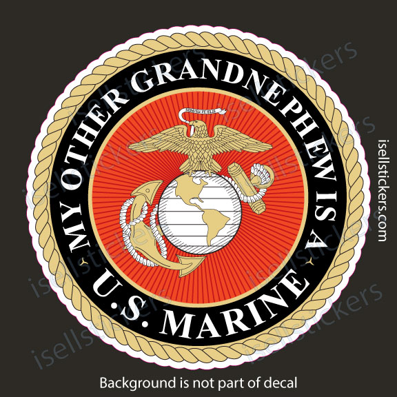 Circular decal featuring the U.S. Marine Corps emblem with an eagle, globe, and anchor inside a red field, surrounded by a black ring with white text and a braided rope border.