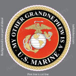 Parody seal with rope border and eagle globe anchor, reading 'My other grand... is a U.S. Marine' on a red background (decal background visible).