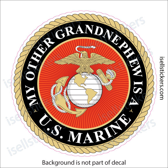 Circular bumper sticker with the U.S. Marine Corps emblem inside a gold rope border; reads 'My other grandfather is a U.S. Marine'.