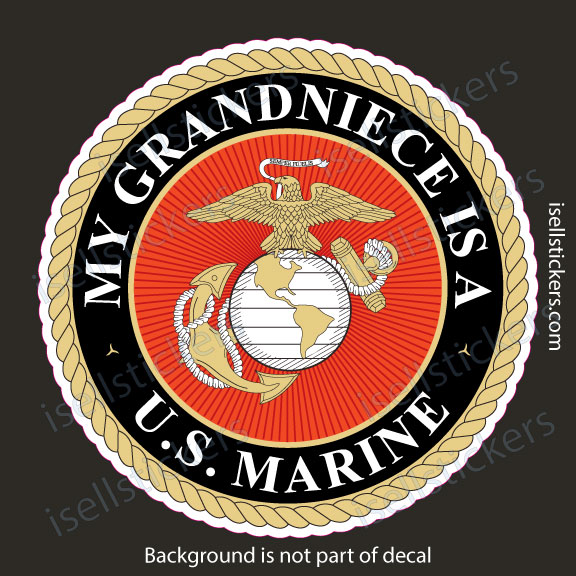 Round decal featuring the U.S. Marine Corps emblem (eagle, globe, anchor) with a gold rope border and the slogan 'My granddaughter is a U.S. Marine' around the edge.