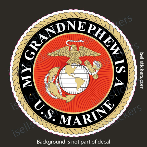 Circular sticker featuring the U.S. Marine Corps emblem (eagle, globe, anchor) with a rope border and the text 'My Grandnephew is a U.S. Marine' around the edge.