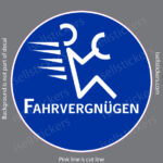 Blue circular sticker with a stylized car and German text Fahrvergnügen.